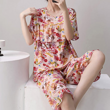 短袖棉绸睡衣女夏季防凸点可爱学生家居服甜美多巴胺人造棉套装薄