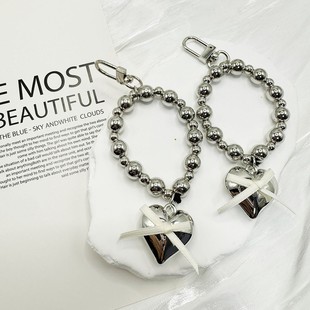 New silver CCB Beaded Love Bow Keychain DIY Mobile Phone Chain Bag Hanging Car Keychain