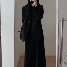 宽松显瘦连衣裙春季大码女装西装套装黑色长裙两件套洋气胖气质