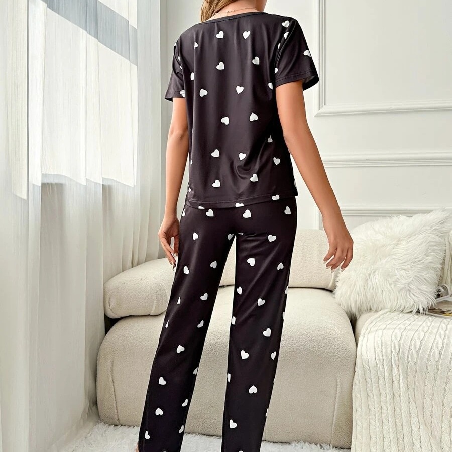 2024 Four Seasons Cross-border Comercio exterior europeo y americano Ropa de mujer Amazon Cuello redondo de gran tamaño Manga larga en forma de corazón Print Home Service Pijamas
