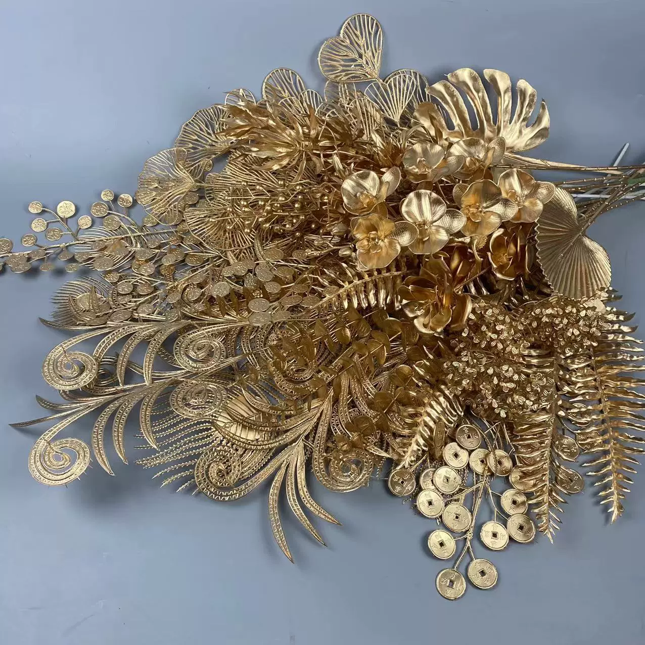 金色系年宵花仿真花diy福桶花材喜庆发财酒店装饰家居摆件塑料花