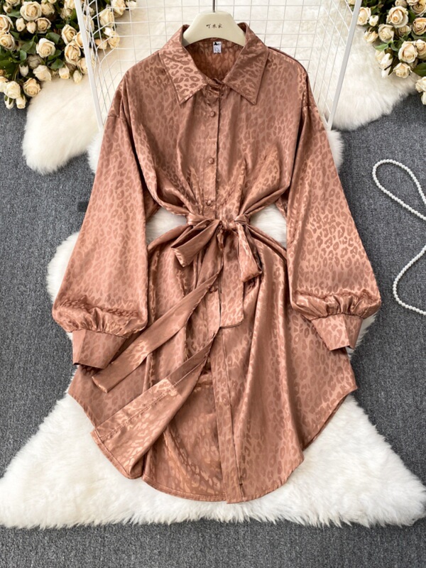 High-end design satin long-sleeved shirt dress women's summer lace-up waist-tight elegant lapel single-breasted Shirt Dress