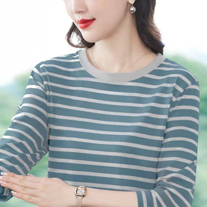 Autumn Women's Thin Base Shirt for Middle-Aged and Elderly Mothers, Long-Sleeve T-Shirt, New Striped Top, Plus-Size Stylish Blouse