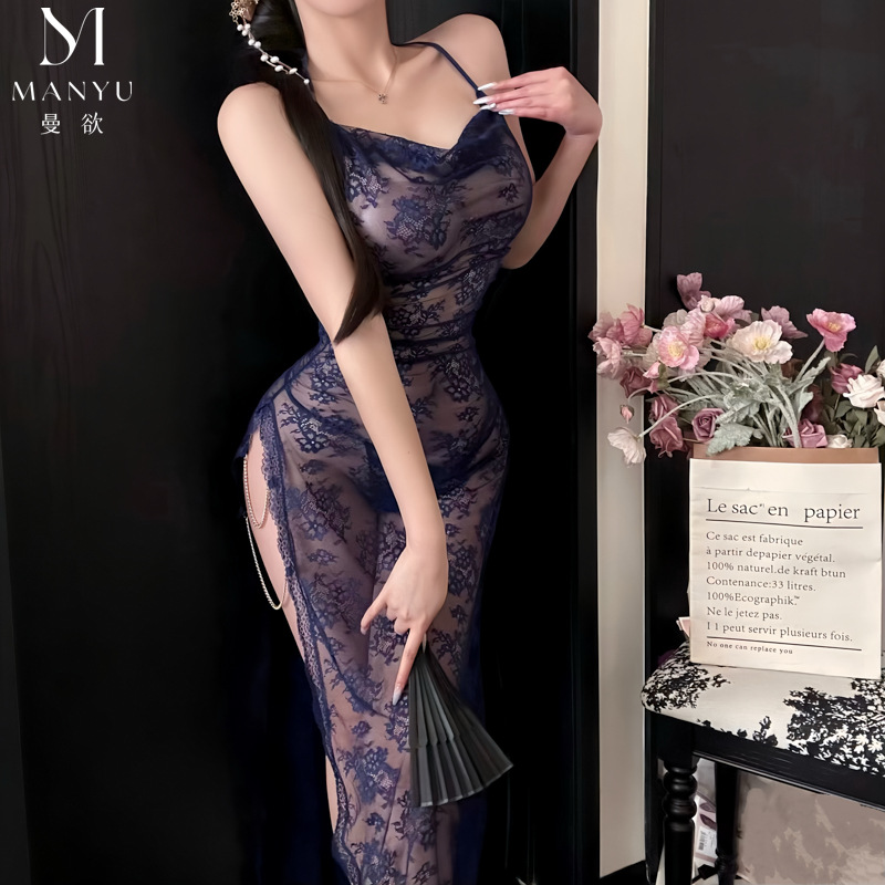 Blue Island Artist dark blue Exquisite Full Lace Perspective Split Cheongsam Sexy Lingerie Elegant Nightdress 9431