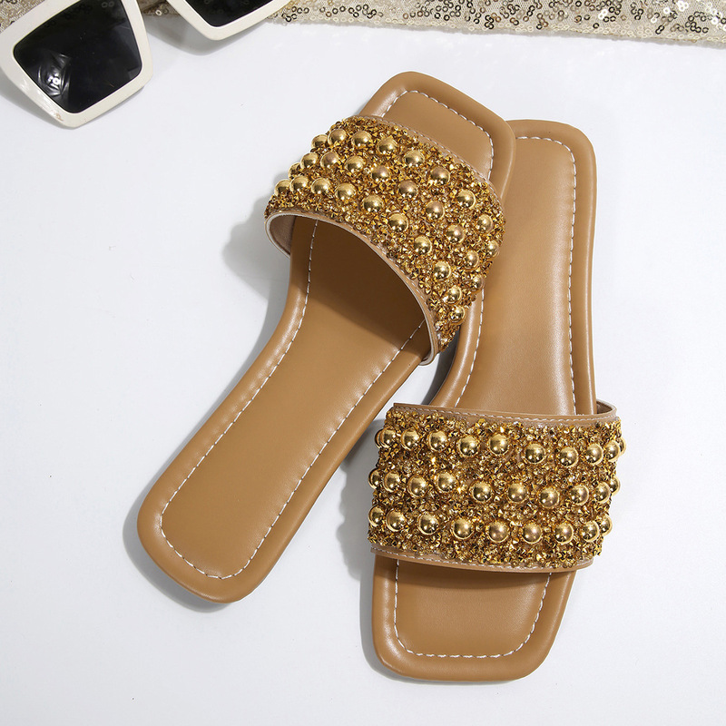 [Cross-Border Export] Sequined Slippers for Women to Wear Outside, Fashionable French Evening Style with Skirt, Thick Heel and One-Line Sandals