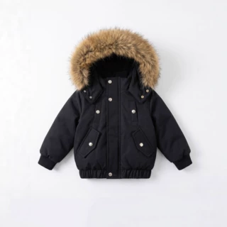 跨境专供女童冬季加厚棉服男童连帽大毛领保暖外套中小童韩版棉衣