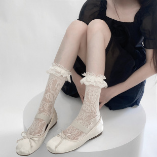Japanese jk ballet style lace pile socks women's hollow-out mid-calf Lolita mesh socks milky white calf socks