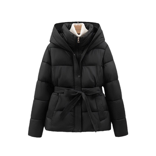 2025 Slimming Hooded Belted Warm Coat New Arrival Korean Version Thick Cotton Women's Short Coat