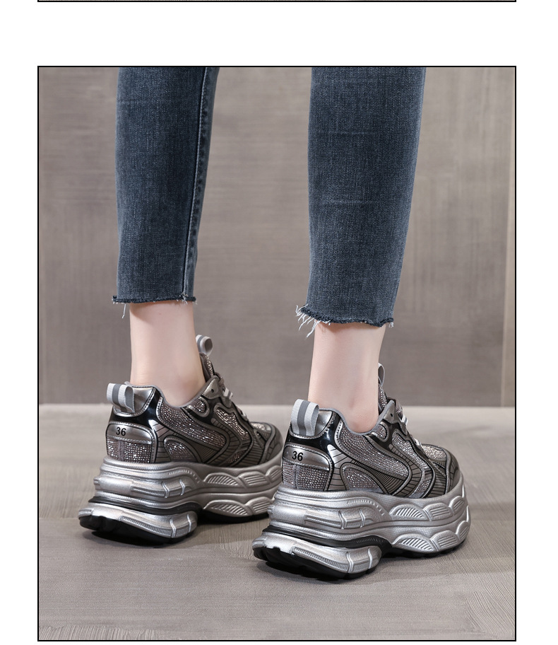 Giày sneaker nữ đế dày tăng chiều cao phối đá rhinestone — Màu đen chi tiết 16