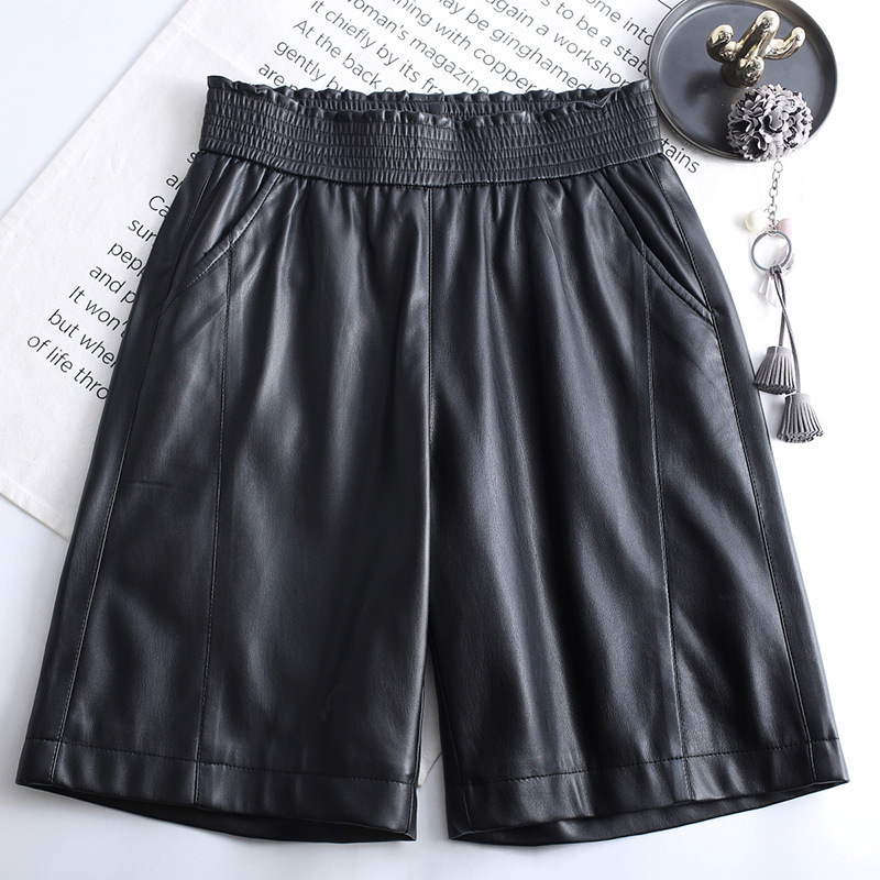 Women's Leather Shorts, High-Waisted, Slim-Fit, Straight-Leg, Elastic Waistband, Suitable for Wearing with Boots