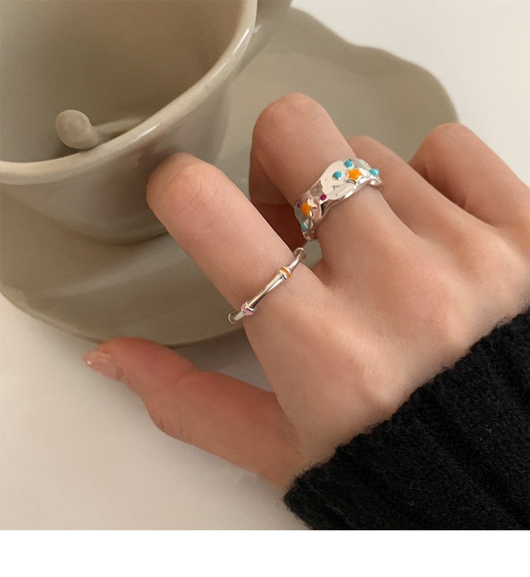 Simple Style Color Block Sterling Silver Irregular Enamel Pleated Open Rings display picture 1