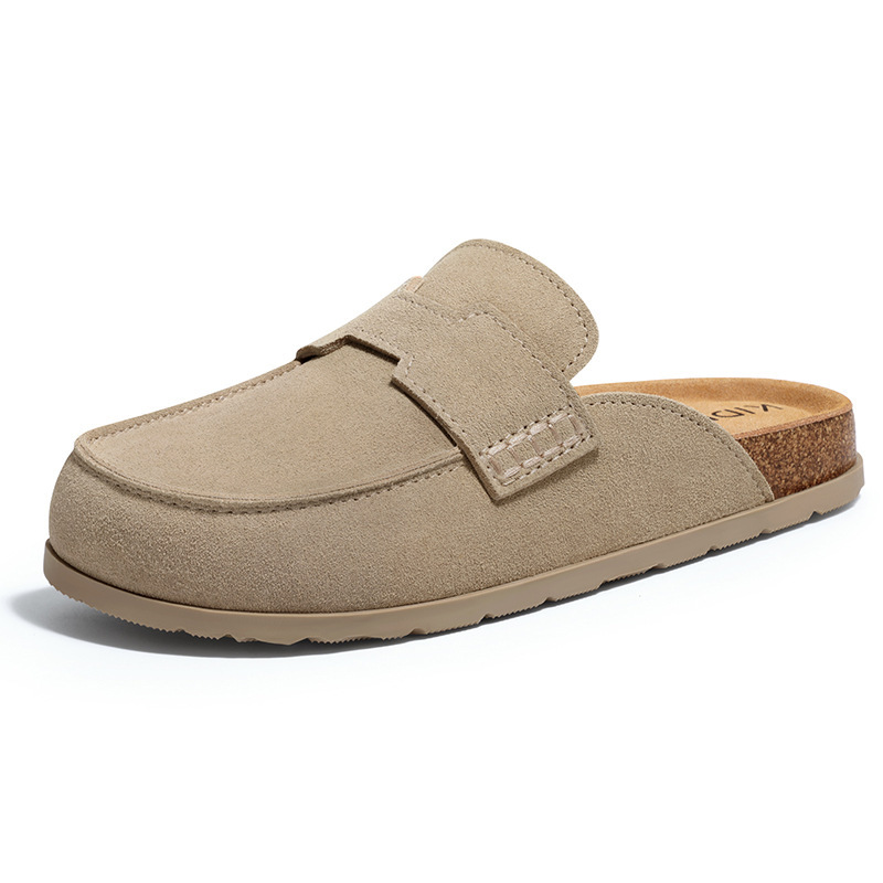 H brand retro Birkenstock-style slip-on mules with suede leather and cork soles, designed for women to wear outdoors H brand retro Birkenstock-style slip-on mules with suede leather and cork soles, designed for women to wear outdoors