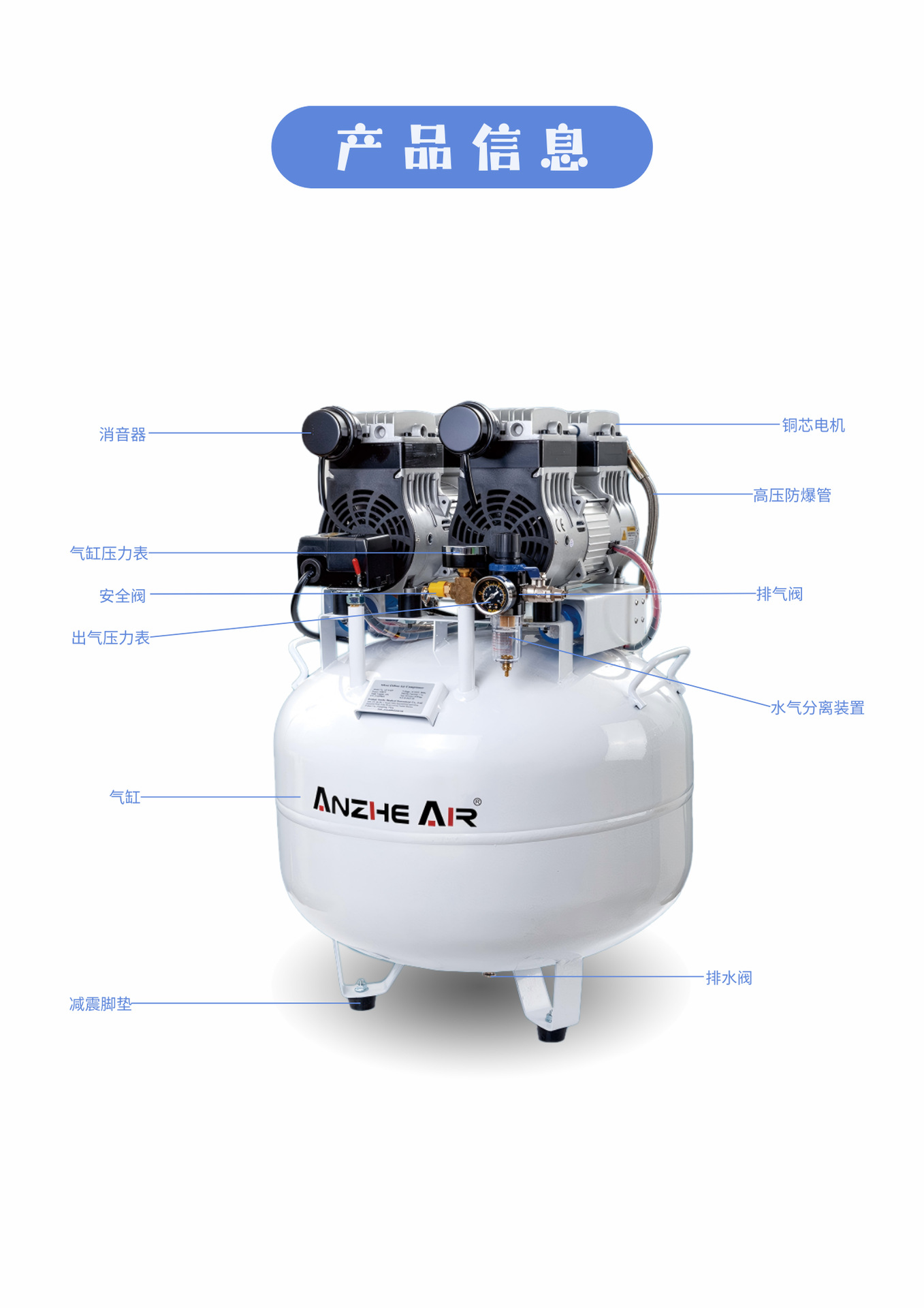 Dental Silent Oil-Free Air Compressor Turbine Air Compressor Air Pump One-To-Four 65L Medical Compressor