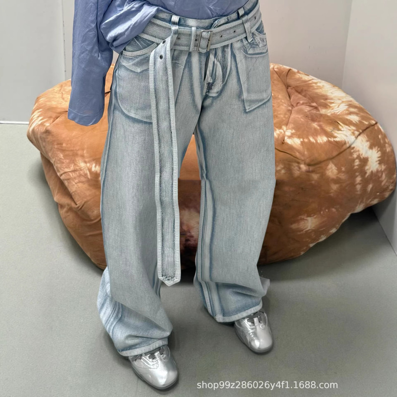 Nanyou Quality Niche Design 2026 Spring New Style Washed Vintage Wide Belt Wide-Leg Denim Pants for Women Nanyou Quality Niche Design 2026 Spring New Style Washed Vintage Wide Belt Wide-Leg Denim Pants for Women