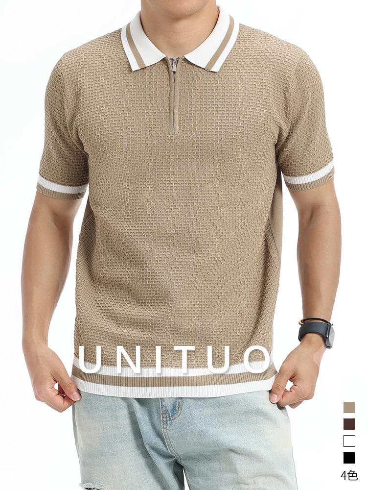 Camiseta de polo de punto de costilla de hielo con cuello superior de manga corta para hombre ligero estilo de negocios casual alta sensación de ropa de hombre