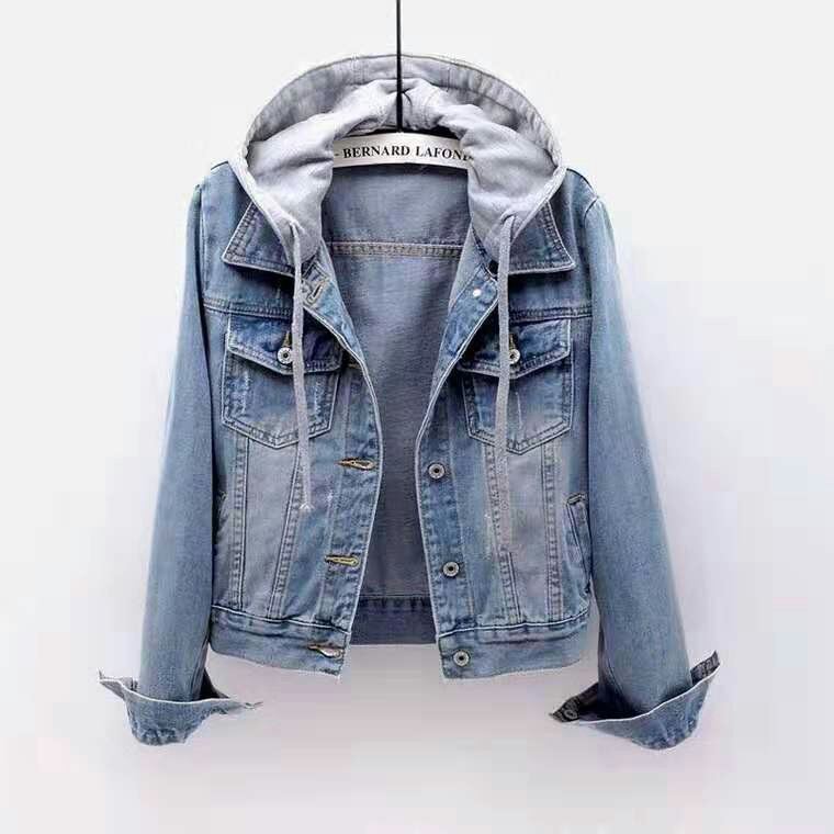 Veste en jean courte de style européen et américain pour femmes, nouveau modèle printemps-automne 2026, veste à capuche ajustée à manches longues.