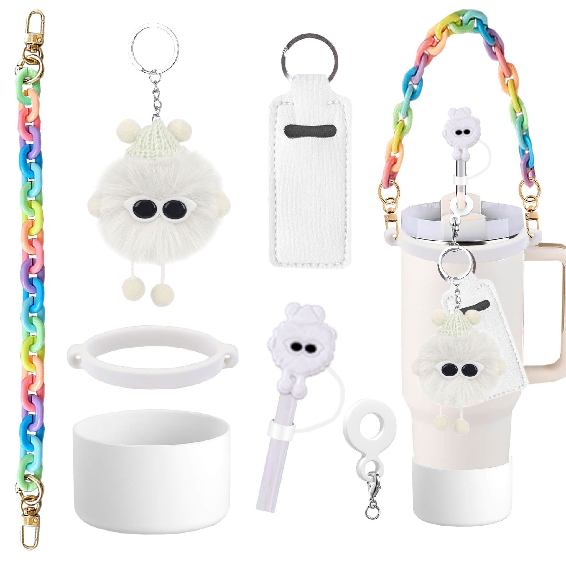 Accesorios de taza Stanley colgante de cuerda de mano flor de silicona gorra de paja de peluche colgante de taza cadena de taza de color cubierta de taza