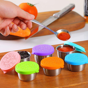 Amazon 304 Stainless Steel Dip Dish Leak-proof Silicone Cover Salad Tomato Sauce Seasoning Container Preservation Seasoning Dish