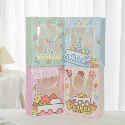 Cartoon cute souvenir packaging bag, birthday cake gift bag, transparent window handbag, children's holiday gift bag