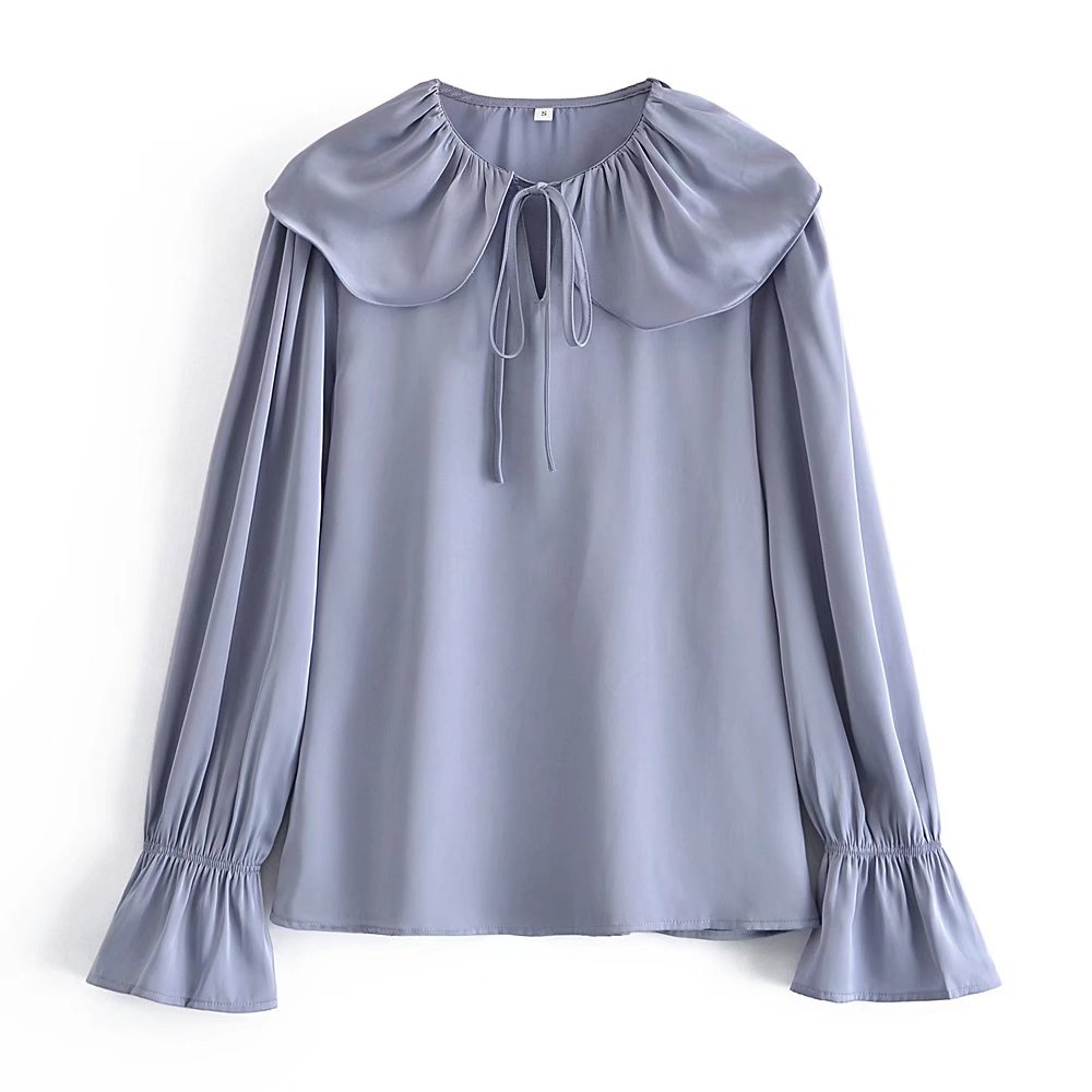 Long Sleeve Lapel Lace-Up Solid Color Chiffon Top NSAM115611