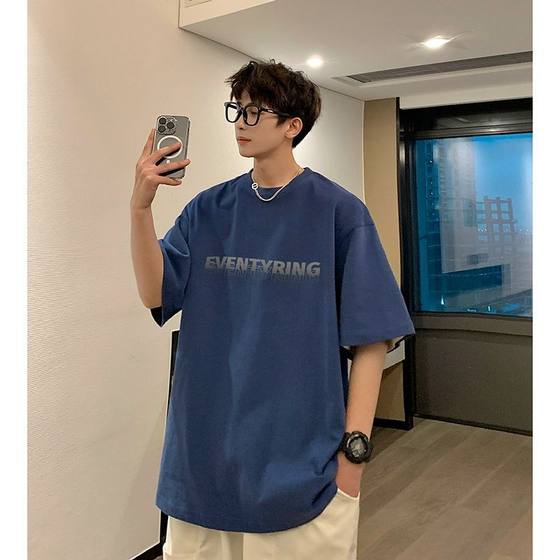 220g heavy small neckline T-shirt men's summer tide brand pure cotton short sleeve oversize American retro seven sleeves