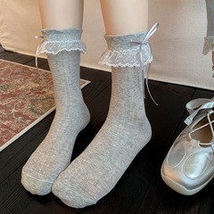 韩系甜美白色蕾丝花边袜子女夏季薄款透气可爱蝴蝶结少女风堆堆袜