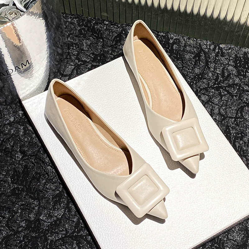 2025 новая остроконечная одиночная обувь женская пряжка весна дикая плоская нижняя вечерняя обувь нежная обувь большого размера женская обувь 41-43