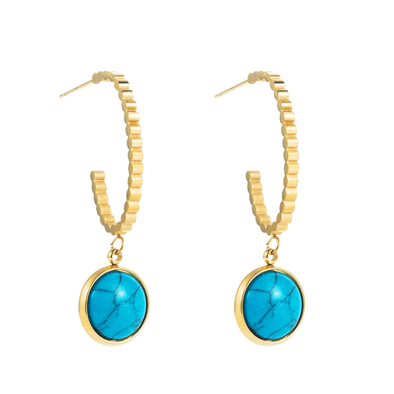 Fashion Titanium Steel Dripping Oil Inlaid Turquoise Round Pendant Earrings display picture 6