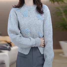 过冬保暖穿搭钉珠超好看毛衣女秋冬新款洋气感针织衫上衣图片色厚