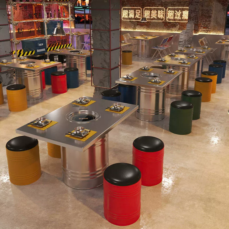 r^Корейский ретро-промышленный стиль, стол для барбекю из нержавеющей стали, коммерческий железный бочонок, стол для масляной бочки, уличный складной стол и набор стульев для горячего горшка