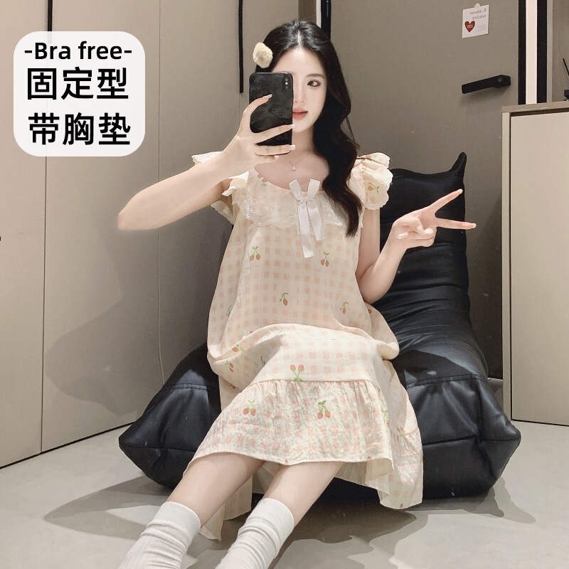 Wholesale In-Stock New Cloud Cotton Pajamas for Women, Summer Sweet Style with Chest Pads, Strap Mid-Length Loose Dress Wholesale In-Stock New Cloud Cotton Pajamas for Women, Summer Sweet Style with Chest Pads, Strap Mid-Length Loose Dress