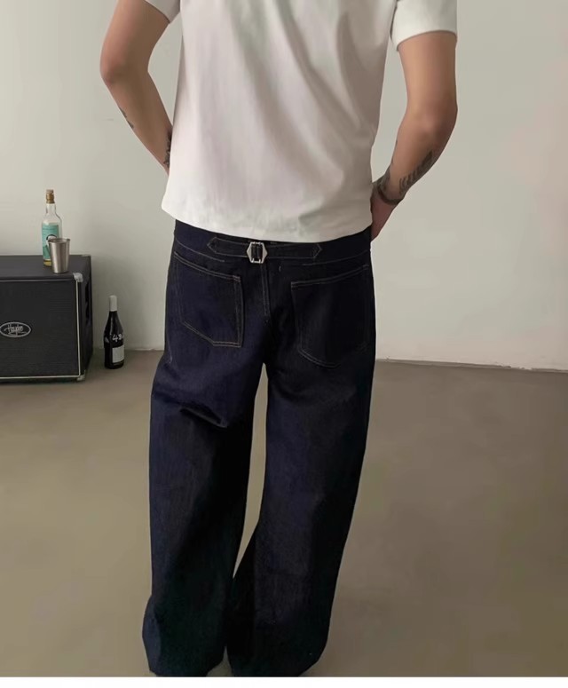 Men's Retro Style Straight Leg Jeans Original Color Paris Button Washed Loose Wide Leg Floor Length Trousers_mkmklike.com