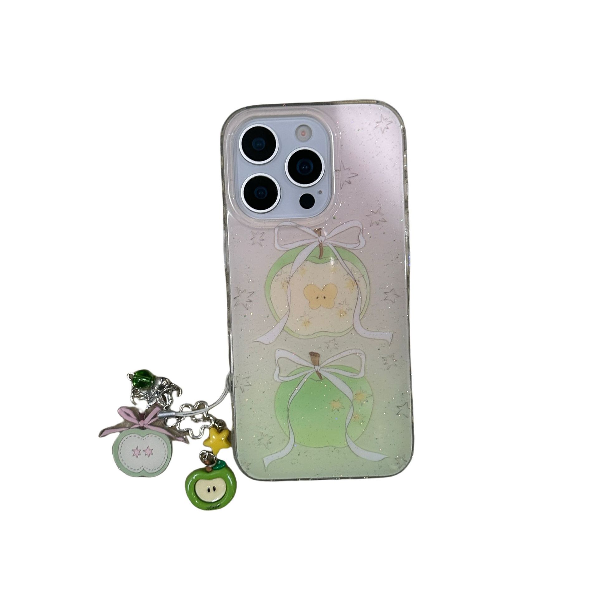 Flashing Powder Bowknot Green Apple para iPhone15/16 funda para teléfono móvil 14Pro colgante 16Pro hembra 13