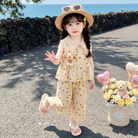女童夏季法式无袖波点套装新款上衣裤子套装洋气百搭童装两件套.