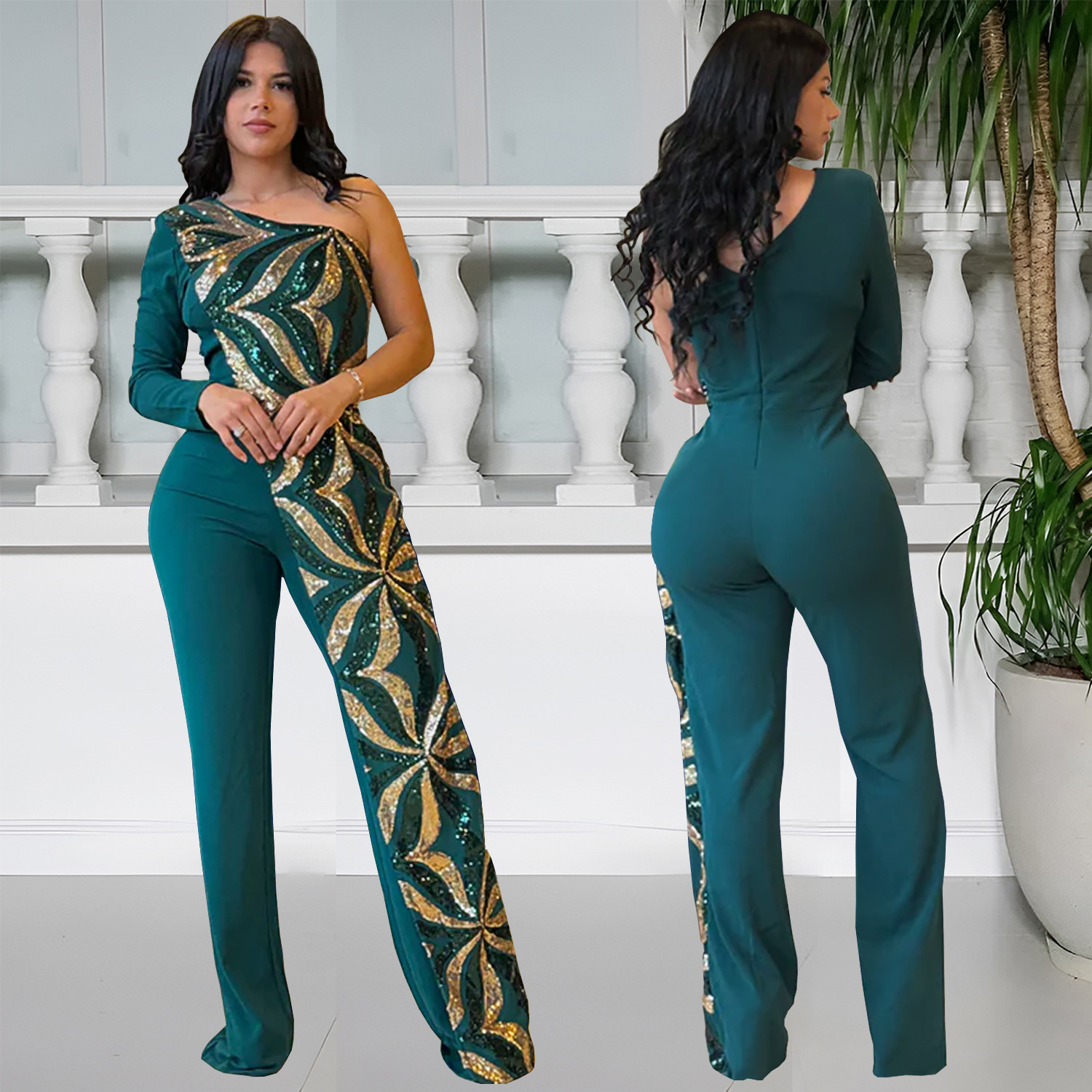 C7301 Cross-border AliExpress Amazon Ropa de mujer de moda europea y americana Temperamento ajustado de un solo hombro Bolso de lentejuelas Mono de brazo