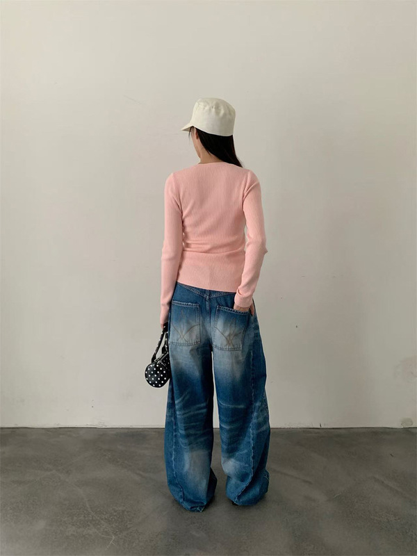 誉一新款2025秋季美式抓纹弯刀牛仔裤女刺绣后袋阔腿裤女hc1361|undefined