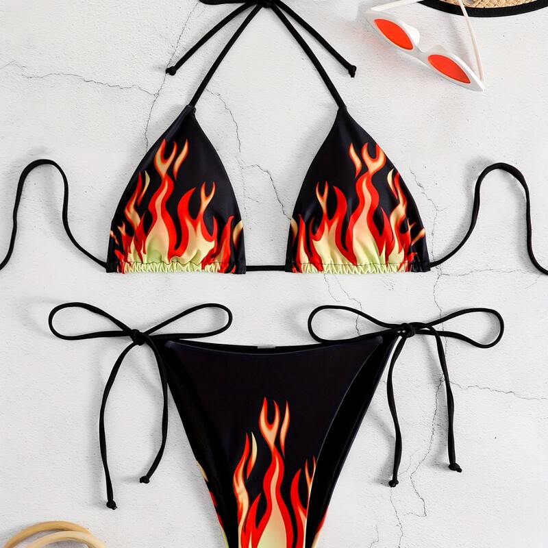 2024 European and American Cross-Border Foreign Trade Flame Print Sexy Three-Point Thong Bikini Swimsuit Women's Two-Piece Swimwear