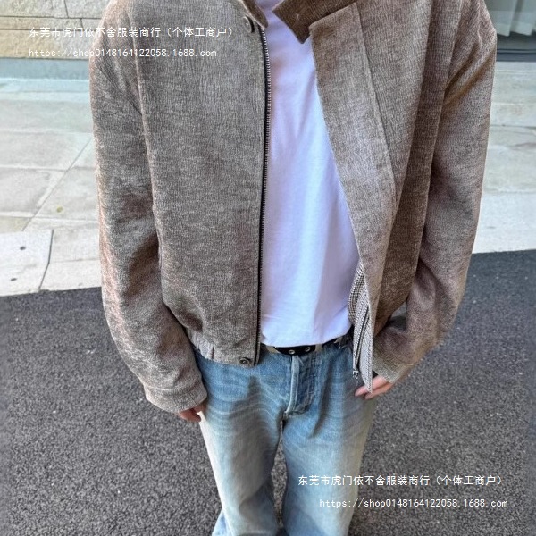 韩国复古美式铜氨触感树纹肌理千鸟格内里哈灵顿cleanfit夹克外套