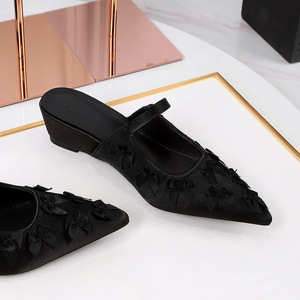 599-23 Korean version silk bow decoration slope heel slippers for women, pointed shallow mouth straight buckle strap for