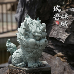 青砂石麒麟茶寵擺件魚缸造景瑞獸貔貅家居創意國潮桌麵茶玩手把件