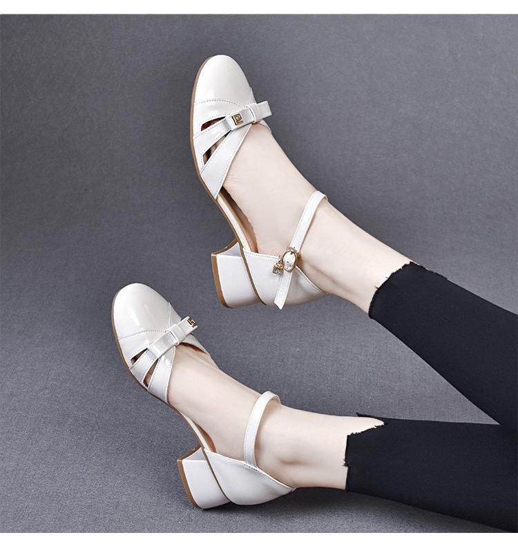 Sandal bít mũi nữ da sáng chế mũi tròn gót thô vừa phải — Màu đen chi tiết 13
