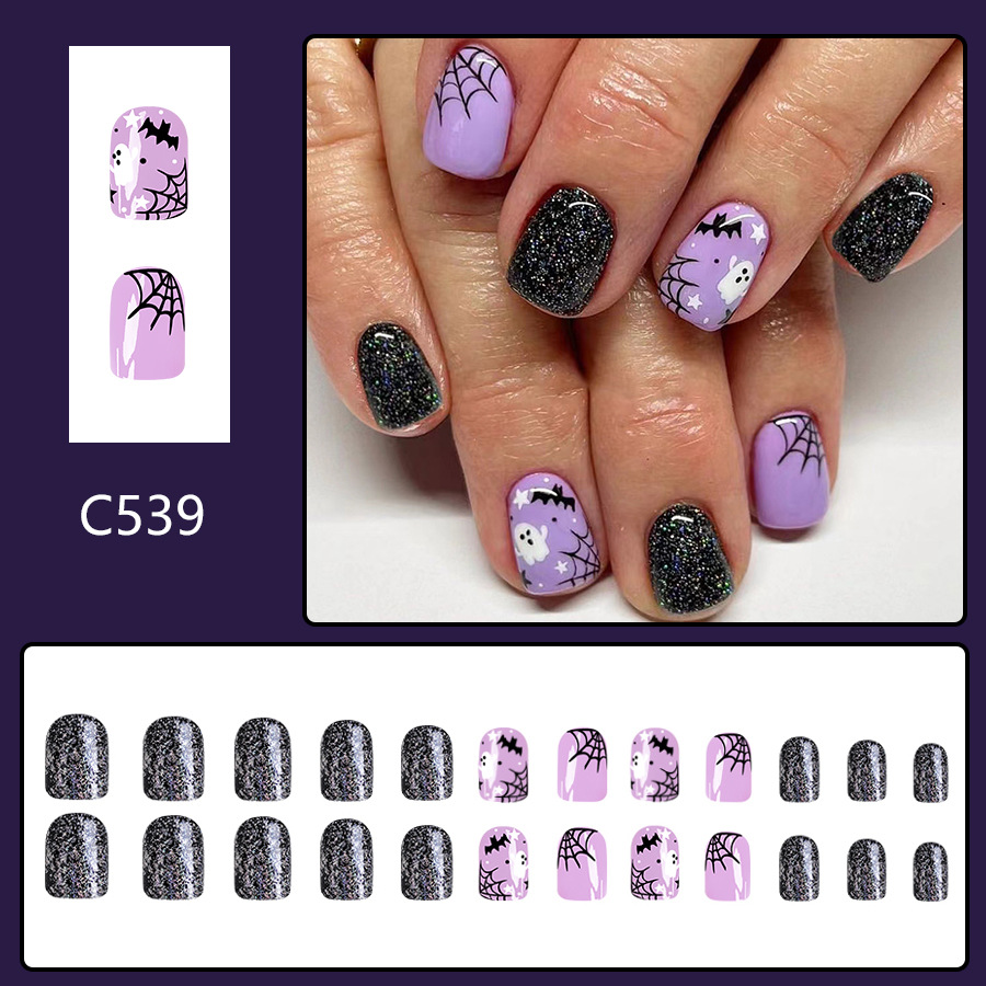 Short Glitter Halloween Glitter Nail Pieces Black Cobweb Bat Cute White Ghost Nail Patch 24 Pieces_voghion.com