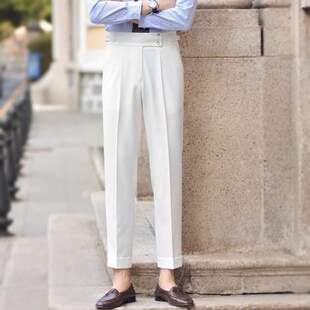 Casual Italian Retro High-Waisted Trousers for Men, Casual Straight-Leg Naples British Business Paris Button White Long Trousers