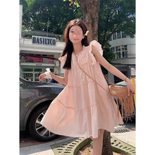甜美飞飞袖粉色女夏季新款法式宽松显瘦小个子中长款裙子
