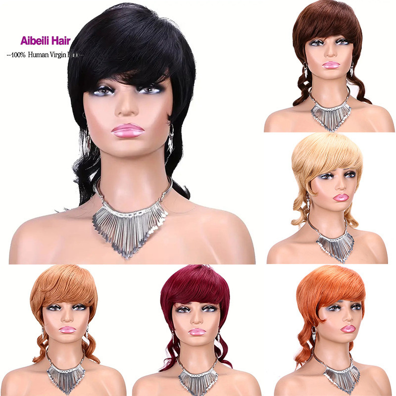Real Human Hair Wig, Short Pixie Cut, Fully Machine-Made, No Lace Wig, with Bangs, Swallowtail Straight Hair, Blonde Woman