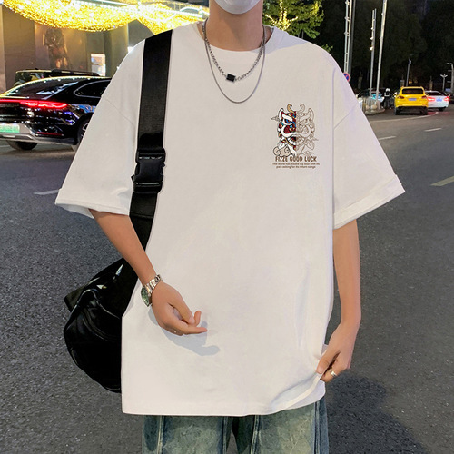 Pure Cotton Summer Short Sleeve T-Shirt for Men with Lion Dance Cartoon Crew Neck Half Sleeve Trendy Hong Kong Style T-Shirt for Boys