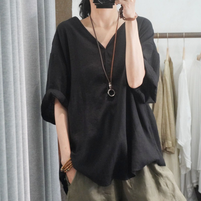 Women's Clothing Summer Style Women's Casual Shirt Short Sleeve Loose Cotton Linen Top Plus Size Pink And Black_ecoleips.com
