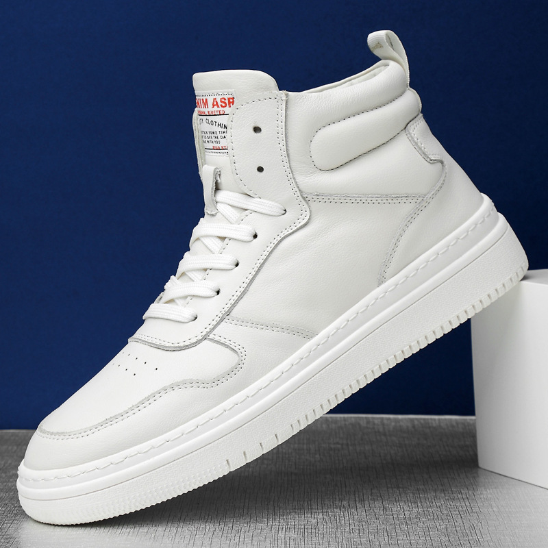 European Station Top Layer Cowhide Men's High-Top Cotton Shoes Winter Warm Fleece-Lined Board Shoes Round Toe White Martins Men's Shoes