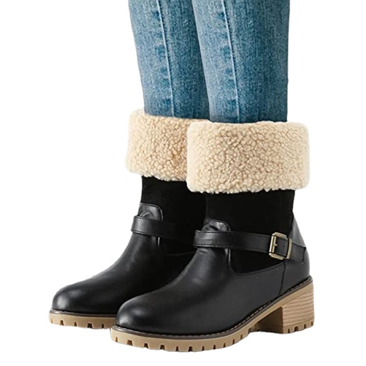 Women's Shoes new short boots women's boots mid tube thick heels high heels suede snow boots belt buckle large size women's cotton boots_voghion.com