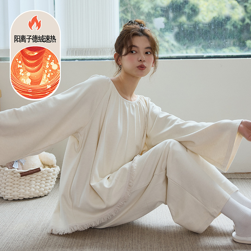 De Rong Women's Wool and Silk Pajamas, Autumn and Winter Thermal 2025 New Model, Brushed Round Neck Spring and Autumn Homewear Set